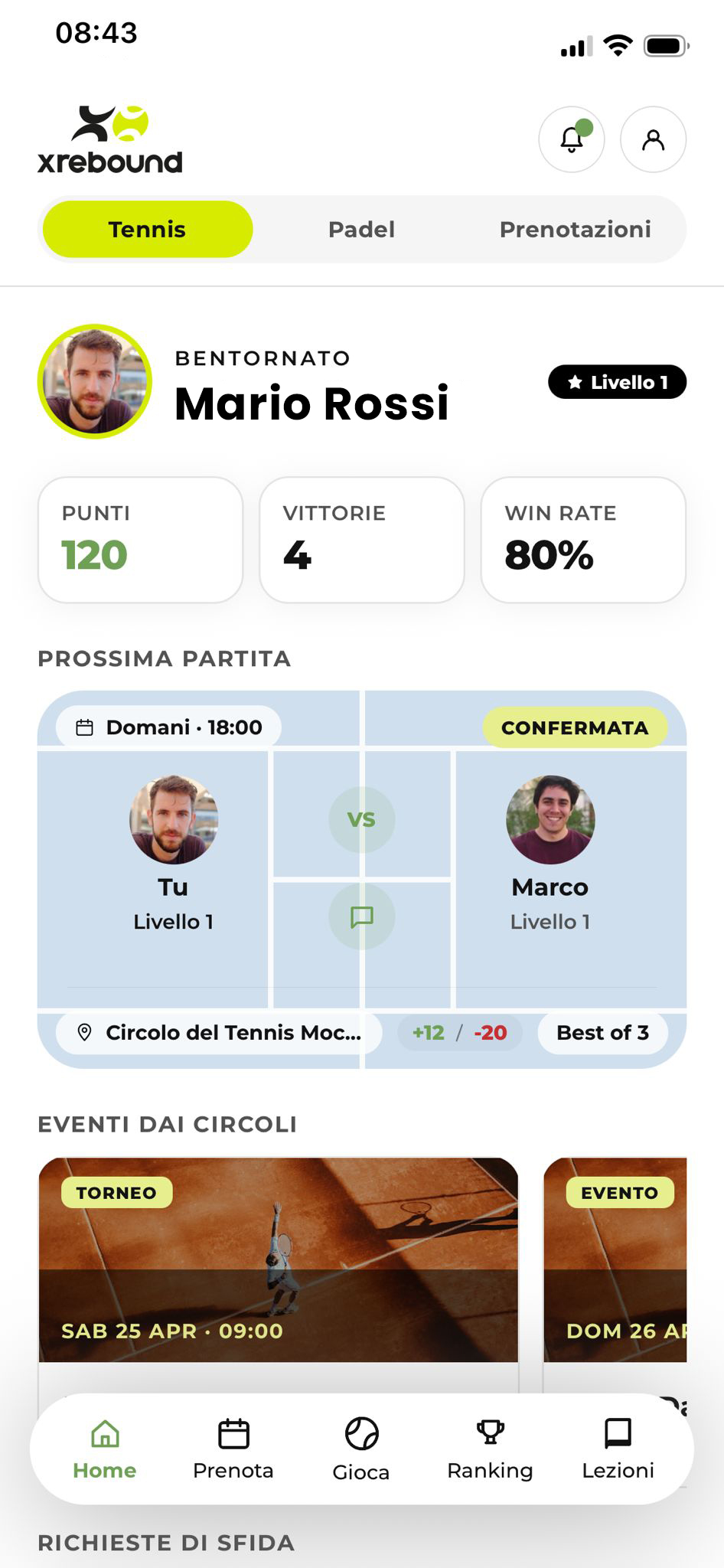 La home dell'app Xrebound